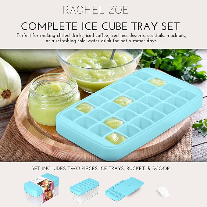 Rachel Zoe 2-Piece Stackable Ice Cube Tray with Bin Set, BPA Free 56 Cubes Ice Tray for Freezer with Bucket, Scoop and Easy Release Lid, for Fruit & Herb Infusions, Cocktails, Iced Coffee Drinks