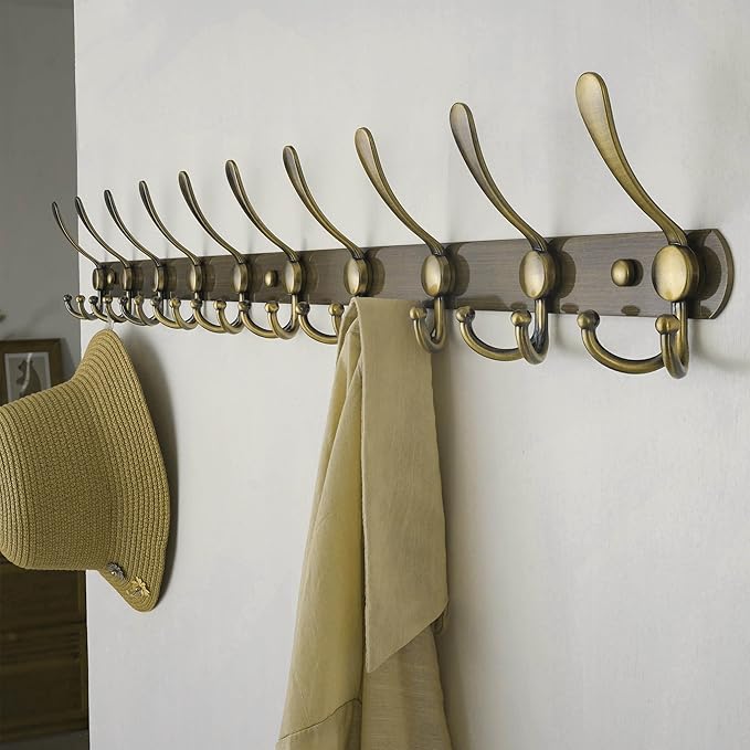 Dseap Coat Rack Wall Mount - 38” Long 10-Tri-Hooks Heavy Duty Coat Hanger Rail Wall Hooks for Hanging Coats Hats Clothing Clothes Purse Mudroom Entryway, Bronze, Pack of 2