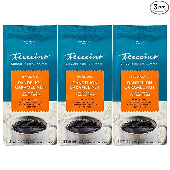 Teeccino Dandelion Caramel Nut Herbal Coffee - Caffeine-Free Coffee Alternative with Prebiotics, Gluten Free, Acid Free - Medium Roast, 10 oz (Pack of 3)