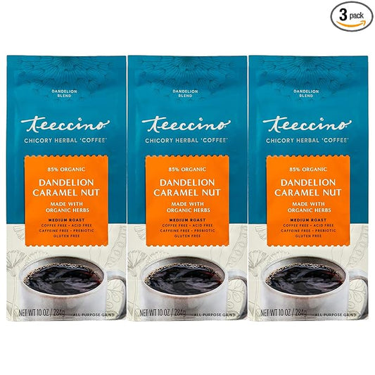 Teeccino Dandelion Caramel Nut Herbal Coffee - Caffeine-Free Coffee Alternative with Prebiotics, Gluten Free, Acid Free - Medium Roast, 10 oz (Pack of 3)