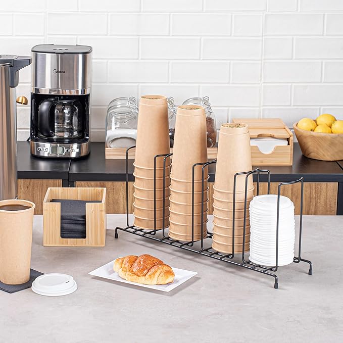 Restaurantware Restpresso 18.5 Inch x 5 Inch x 8.5 Inch Coffee Cup Organizer 1 4-Section Cup And Lid Organizer - Wire Design Compact Black Iron Wire Cup Dispenser For Countertops And Storage