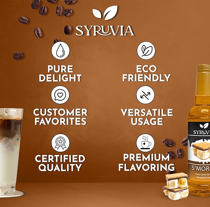 Syruvia Coffee Syrup, S'mores Flavored Syrup for Drinks, Lattes, and Desserts – 25.4 fl oz, With Pump