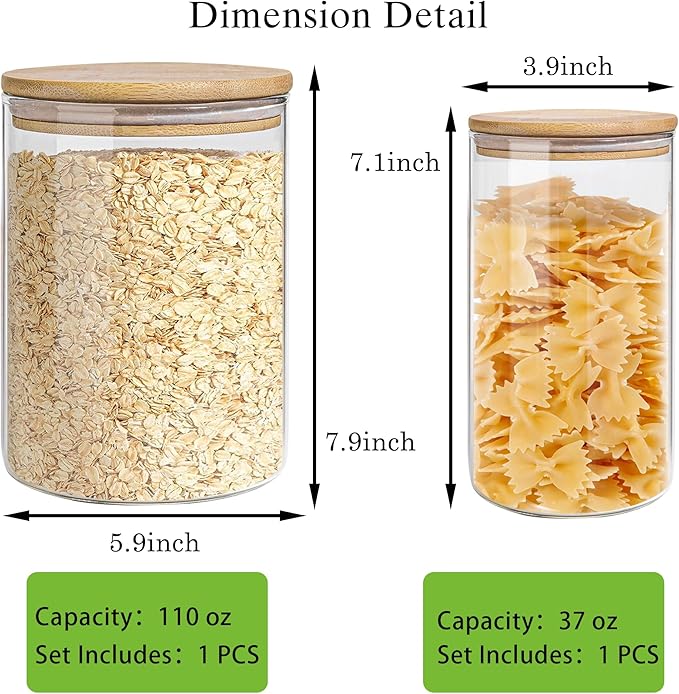 Glass Storage Jars Set Elegant Containers with Airtight Bamboo Lids, Perfect for Kitchen Organization - Flour, Rice, Pasta, Sugar, Coffee Beans, Accessories Included (2 packs(37oz / 110oz))