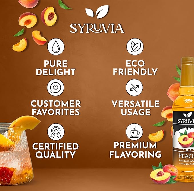 Syruvia Peach Syrup, Flavored Syrup for Drinks, Cocktails, Lemonades, Iced Teas, and Desserts – 25.4 fl oz, With Pump