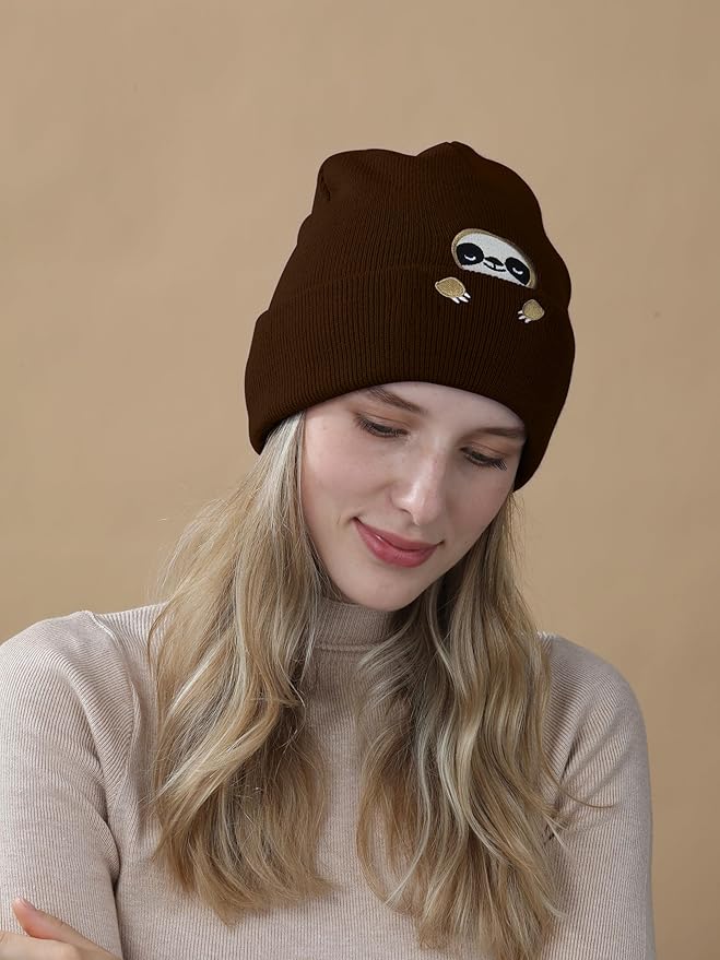Sloth Gifts Hat Beanie for Women Men Coffee Lover Animal Funny Sloth Themed Accessories Related Decor Stuff