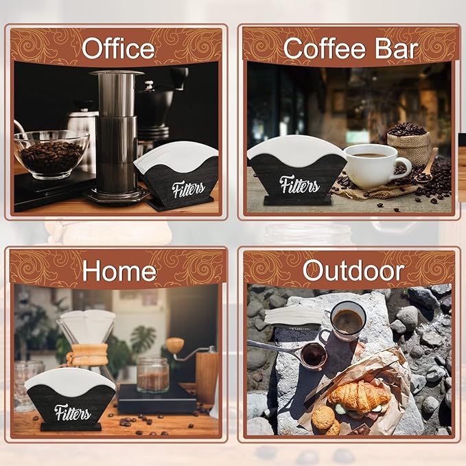 Juexica Farmhouse Cone Coffee Filter Holder Storage number 4 Rustic Wood Holder Organizer Counter Mount for Square Cone Shaped Flat Bottomed Paper(Black)