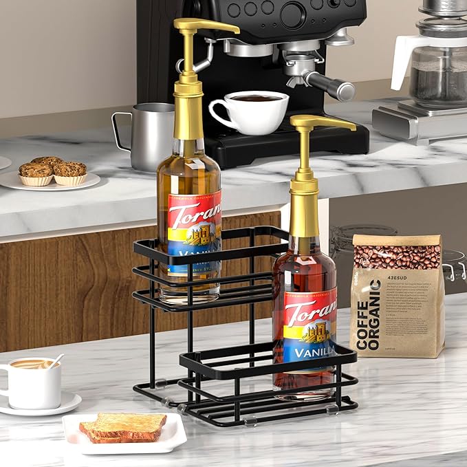 Coffee Syrup Rack Organizer, Syrup Bottle Holder Stand for Coffee Bar, 2-Tier 10 Bottles Storage Shelves for Syrup, Wine, Dressing for Kitchen Countertop (10 Bottles Black)
