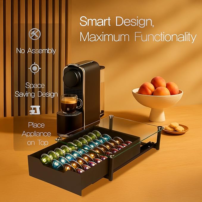 Coffee Pod Holder with Rail Drawer for Nespresso – 40 Pods Capacity for Nespresso Vertuoline & K-cups Capsule – Tempered Glass and Anti-Slip Base Metal Coffee Pods Organizer 16.14x11.81x3.94