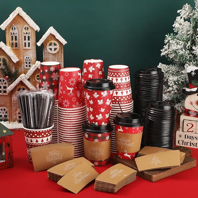 Remerry 100 Sets 400 Pcs 12 oz Christmas Disposable Coffee Cups with Lid, Straws and Sleeves Snowflake Reindeer Snowman Paper Cups Xmas Party Supplies for Hot Drink Cold Beverage(Classic Style)