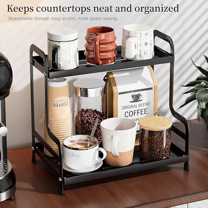 Bokelai 2 Tier Coffee Bar Organizer and Accessories Storage Countertop Shelf for Kitchen Coffee Station Organizer Mug Holder Coffee Condiment Storage Rack Black