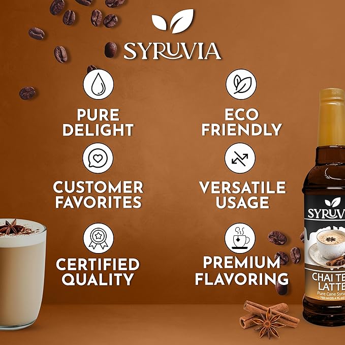 Syruvia Chai Tea Flavored Syrup for Coffee, Drinks, Lattes, and Desserts – 25.4 fl oz,