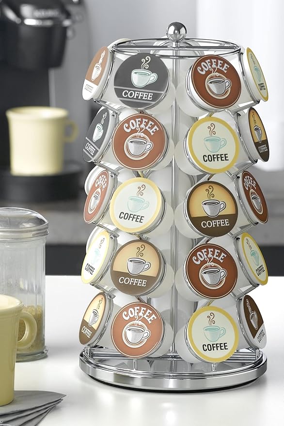 Nifty K Cup Holder – Compatible with K-Cups, Coffee Pod Carousel | 35 K Cup Holder, Spins 360-Degrees, Lazy Susan Platform, Modern Chrome Design, Home or Office Kitchen Counter Organizer