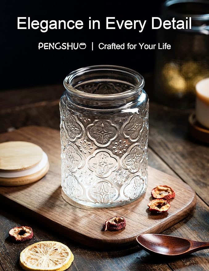 Vintage Glass Jars with Wood Lids - Airtight Canisters Sets for Kitchen Countertop and Bathroom, for Storage Candy, Cookie, Coffee, Apothecary, Sugar, Flour, Tea, Pet Treat, 34 OZ, Set of 2