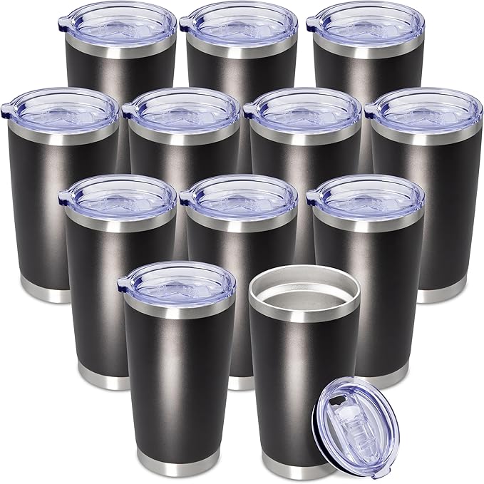 20 oz Tumbler Coffee Travel Tumblers Bulk with Lid Stainless Steel Double Wall Vacuum Insulated Mug Powder Coated Cups fit Car Cupholder for Hot and Cold - Black, 12Pack
