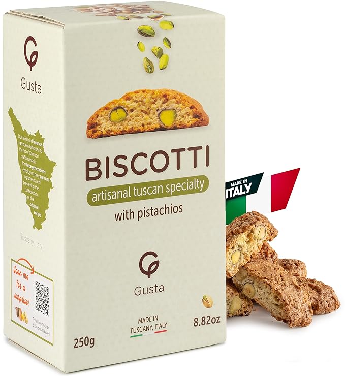 Gusta Pistachio Biscotti - Authentic Tuscan Italian Cookies - Artisanal Recipe with Whole Pistachios - Made in Italy - Only Few Ingredients, Nothing Artificial - 8.82oz