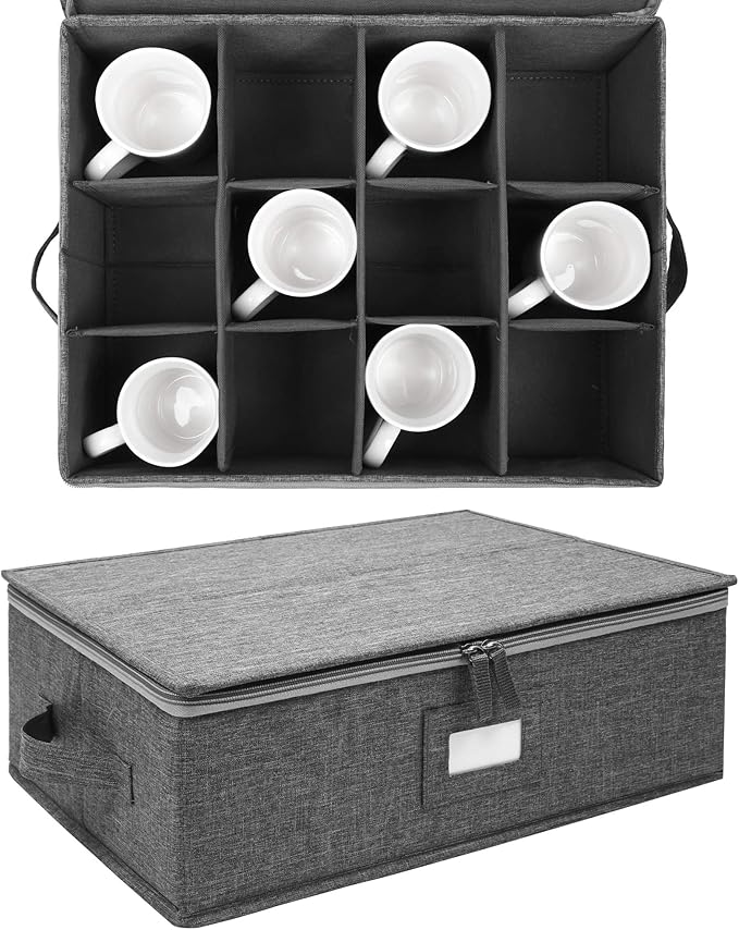 popoly Cup and Mug Storage Box, China Cup Storage Containers Chest with Zipper Lid and Handles, Holds 12 Coffee Mugs and Tea Cups, Hard Shell and Stackable (Grey)