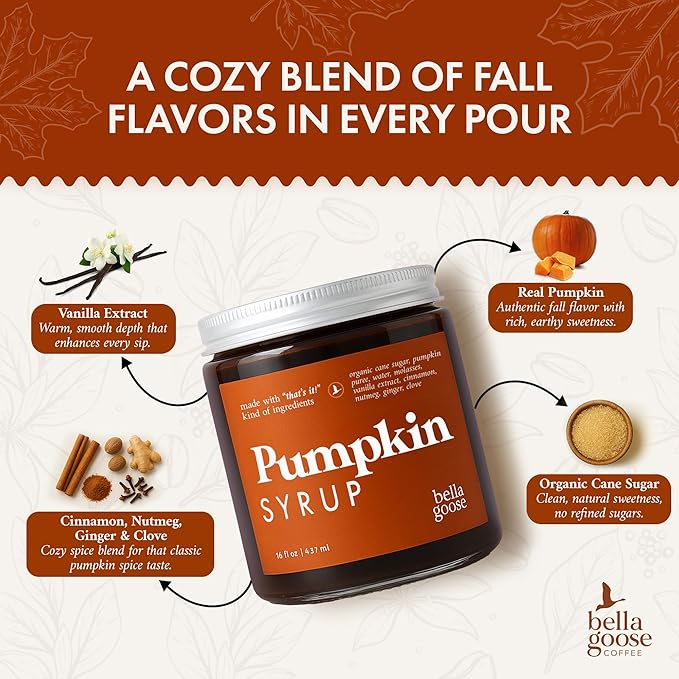 Bella Goose Coffee Syrup Bundle – Vanilla Bean & Pumpkin (16oz Each) – Homemade Pure Cane Sugar Syrups for Lattes, Mocha, Matcha, Desserts & Ice Cream – Clean Ingredients, No Artificial Flavors