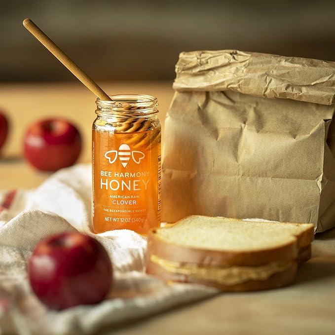 Bee Harmony Raw Clover Honey, 12 OZ (Pack of 2 Jars), Made in the USA