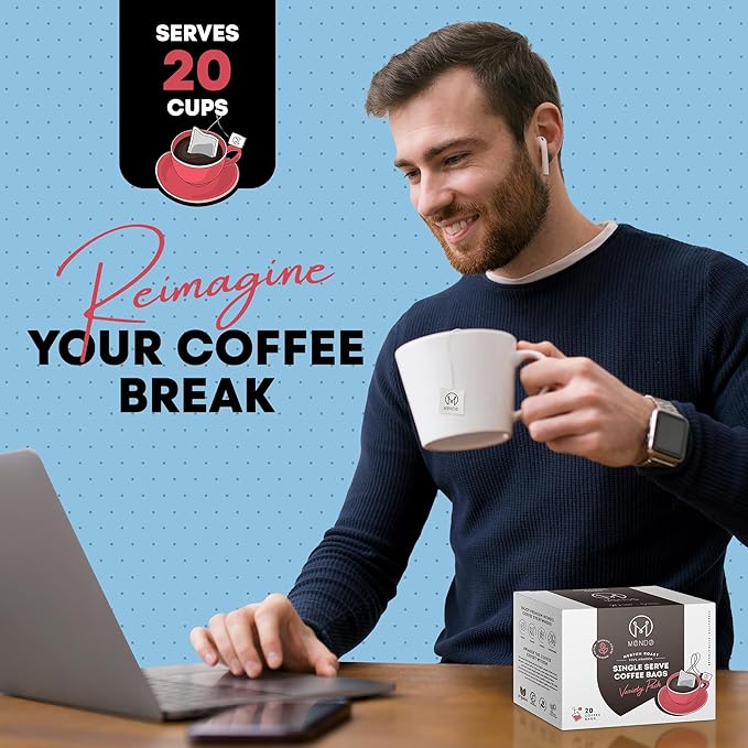 Mondo Single Serve Coffee Bags (20 Cups) Variety Pack - Organic, Medium Roast - Disposable, Portable Coffee Filters for Camping and Travel, Sampler Box of 5 Ground Coffee Flavors