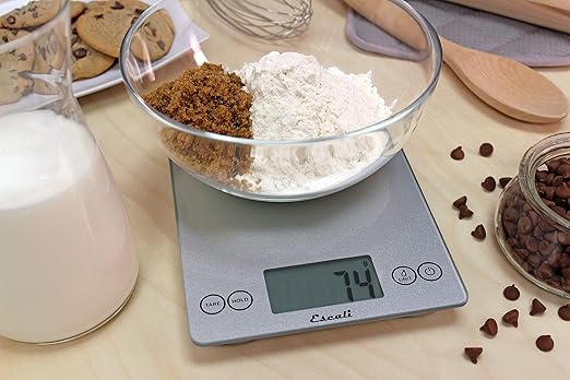 Escali Arti Glass Food Scale Digital Countertop Kitchen, Baking and Cooking Scale with Nutrition and Calorie Counter, 15-Pound Capacity, 9" x 6.5" x .75", Shiny Silver