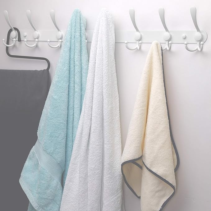 Dseap Coat Rack Wall Mount - 29.5” Long 8-Tri-Hooks Heavy Duty Coat Hanger Rail Wall Hooks for Hanging Coats Hats Clothing Clothes Purse Mudroom Entryway, White, Pack of 2