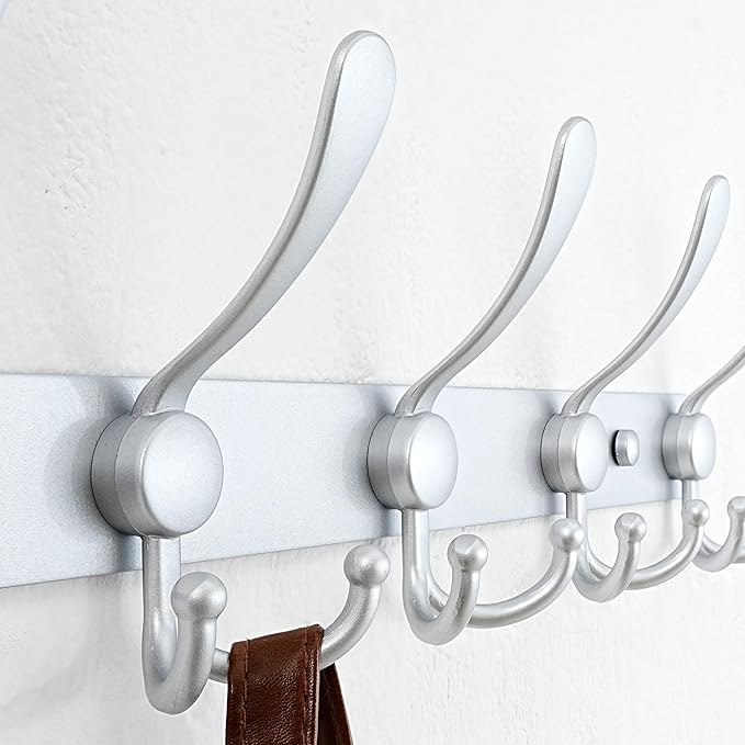Dseap Coat Rack Wall Mounted - 5 Tri Hooks, Heavy Duty, Stainless Steel, Metal Coat Hook Rail for Coat Hat Towel Purse Robes Mudroom Bathroom Entryway, Silver