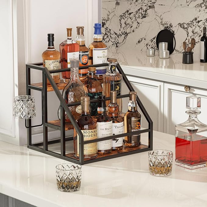 Coffee Syrup Rack Organizer, 3 Tier Countertop Storage Shelves, Kitchen Storage, 12 Syrup Bottle Stand Holder for Wine, Liquor, Kitchen Coffee Station Organizer Rack, 13.8"x13.4"x13.0", Rustic Brown
