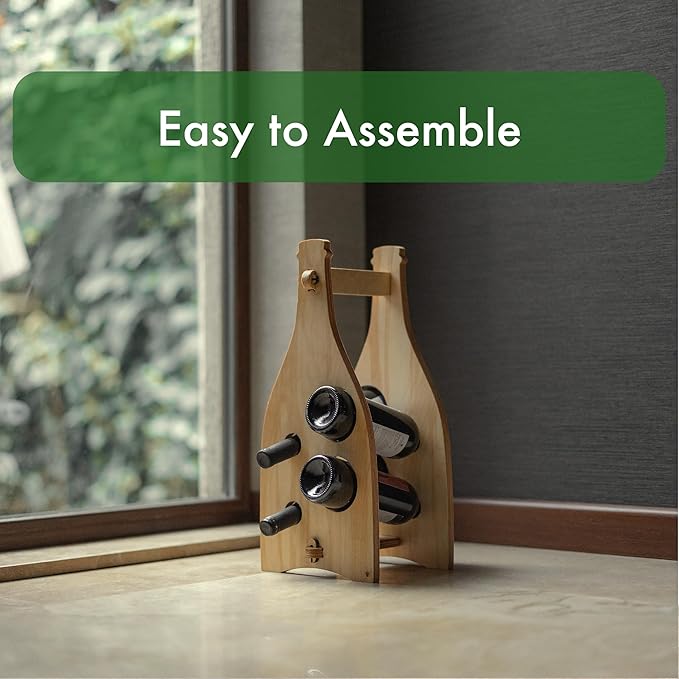 KAKALI Freestanding Wooden Wine Rack - Wood Wine Bottle Rack - Free Standing Bottle Storage - Countertop Racks for Bottles - House Warming Gifts for Casual Drinkers, 4 Bottle Storage