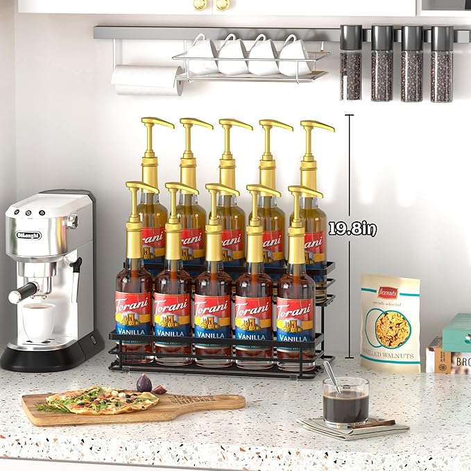 Coffee Syrup Rack Organizer, Syrup Bottle Holder Stand for Coffee Bar, 2-Tier 10 Bottles Storage Shelves for Syrup, Wine, Dressing for Kitchen Countertop (10 Bottles Black)