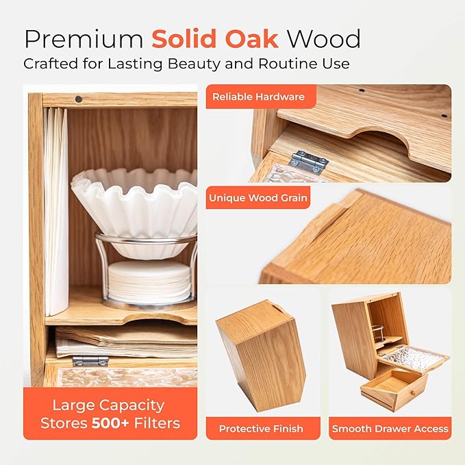 Premium Oak Coffee Filter Holders Storage with Lid, Large Capacity Wooden Box for Pour Over Coffee Station Accessories & Tea Organizer, Versatile Home Bar Essentials for Farmhouse Kitchen Decor