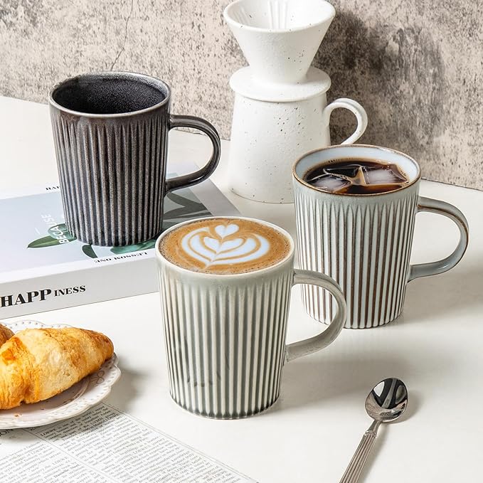Coffee Mugs Set of 4 Modern Striped Stoneware Coffee Cups with Handle, Large Ceramic Gift Set for Women and Men, Dishwasher and Microwave Safe, 18oz for Hot Coffee, Tea, Cocoa, Milk