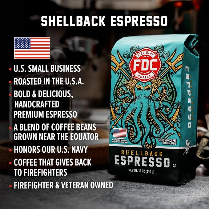 Fire Department Coffee - Gives Back to Firefighters - Shellback Espresso Ground Coffee - Bold & Smooth - Roasted in the USA - Dark Roast Espresso - Veteran Owned (12 oz, Pack of 2)