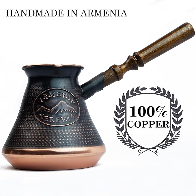 Handmade Armenian Coffee Pot Maker 15 Fl Oz - Copper Jazva Ararat Turkish Arabic Greek Cezve Jezve Ibrik Turka Jazve Wooden Handle (5 cup (15 US fl.oz)) Brown