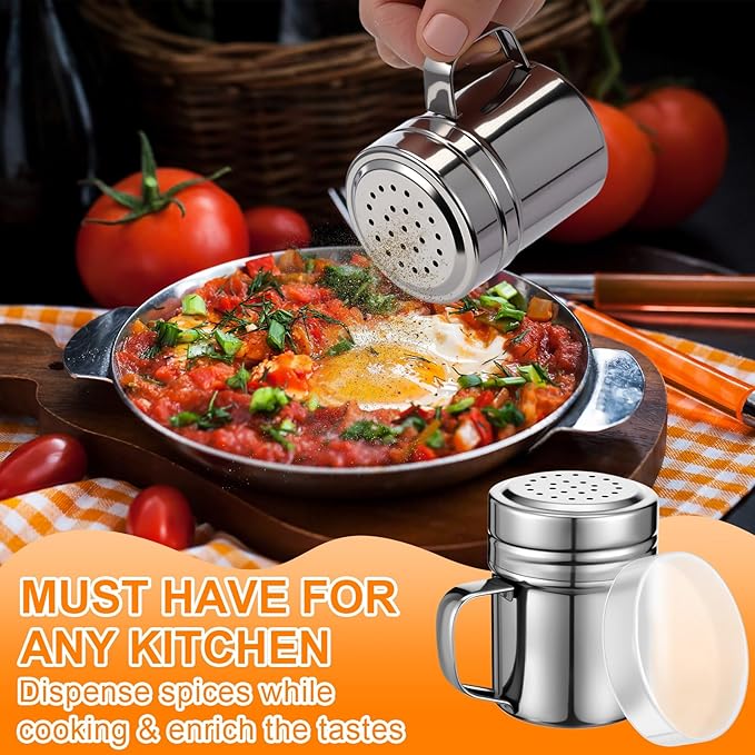 Lallisa 6 Pcs Stainless Steel Salt and Pepper Shakers with Lid and Handle Dredge Spice Seasoning Condiment Popcorn Salt Shaker Powder Sugar Flour for Cooking Kitchen Baking (6oz)