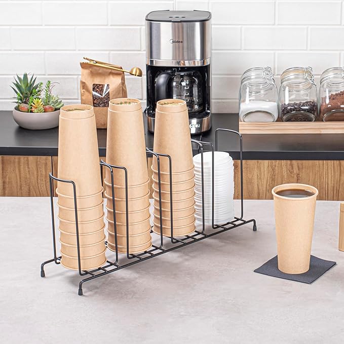 Restaurantware Restpresso 18.5 Inch x 5 Inch x 8.5 Inch Coffee Cup Organizer 1 4-Section Cup And Lid Organizer - Wire Design Compact Black Iron Wire Cup Dispenser For Countertops And Storage