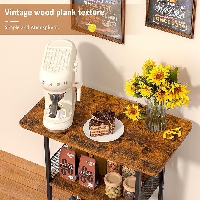 Mini Floor Standing Coffee Bar Shelf,3-Tier Small Coffee Table,Corner Farmhouse Coffee Bar Cabinet;Dining Room, Living Room-Capsules,Coffee Maker(Brown+Black)