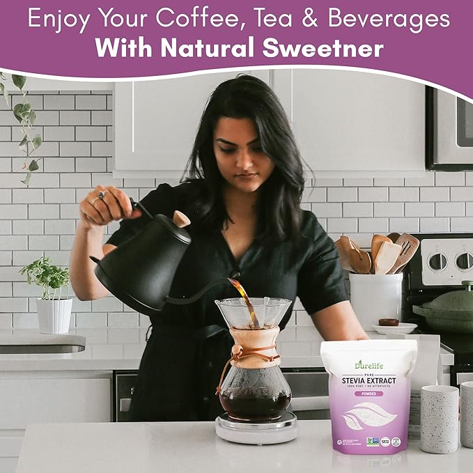 Durelife 100% Pure stevia extract sweetener 8 oz | No Erythritol, NON-GMO Project Verified, No Fillers, Zero Calorie Sugar Substitute | No Aftertaste | Micro-Spoon Included | 8 oz