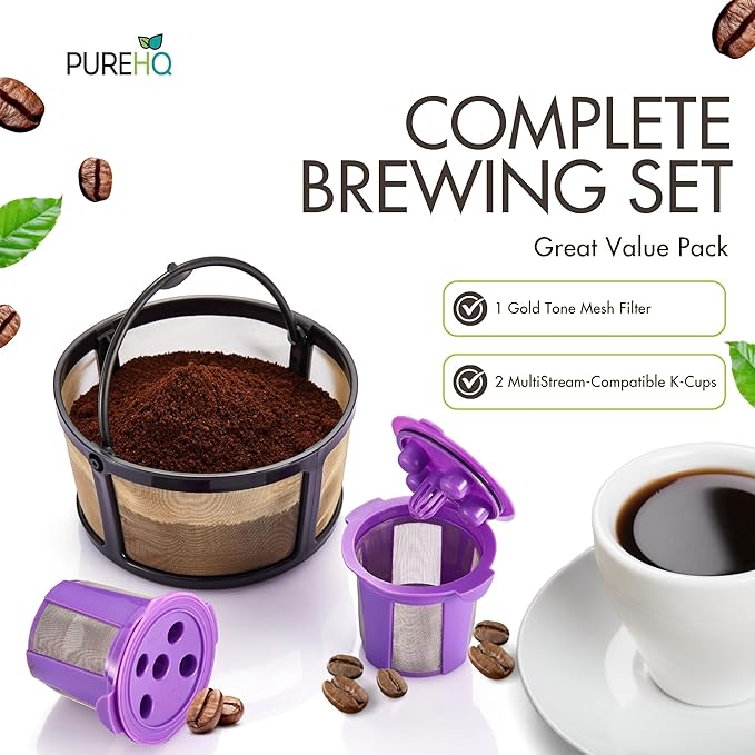Reusable Mesh Coffee Filter Basket for Keurig K Duo Coffee Maker (Gen 2) and Keurig K-Duo Essentials, With 2 Refillable K Cups Pod by PureHQ - Gold Tone Carafe Replacement Filter - Value Pack