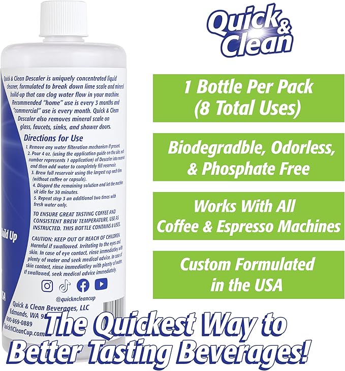 Quick & Clean 32oz. Descaler (8 Total Uses) - Made in the USA - Descaling Solution for Nespresso, Ninja, Delonghi, All Other Coffee and Espresso Machines…