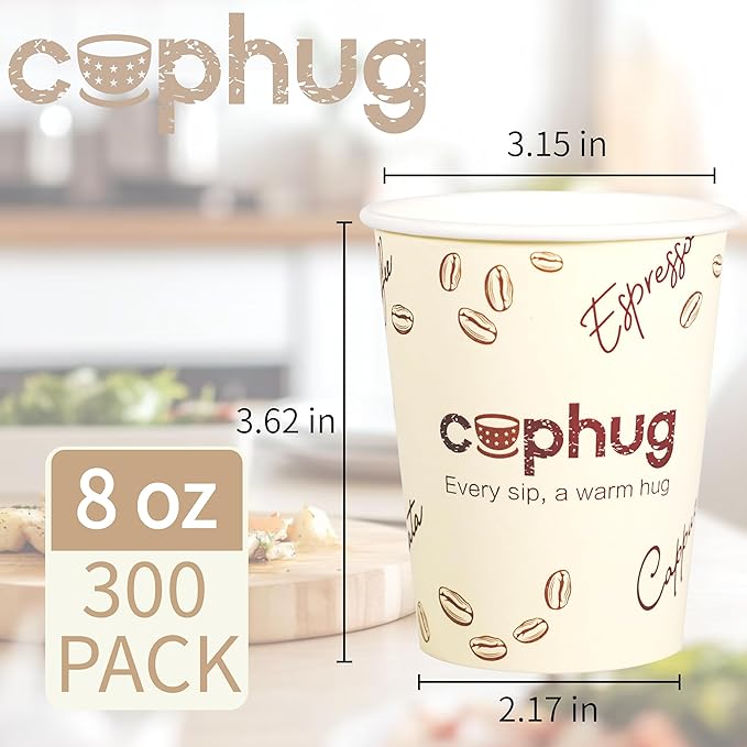 Cuphug 300 Pack 8 oz Coffee Cups with Lids, To Go Paper Cups with Sleeves and Stirring Sticks, Insulated Disposable Coffee Cups for Hot/Cold Drinks