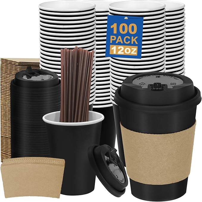 12 oz 100 Pack Coffee Cups with Lids and Sleeves, Straws, Hot Disposable To Go Travel Paper Cups Bulk for Office, Home Coffee Bar Accessories, Chocolate, Cocoa, Beverage (Black)