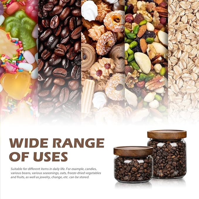 2PCS Small Glass Storage Jars with Airtight Lids, 17 fl oz (500ml) coffee container with Wooden Lid, Glass Pantry Canister for Beans, Rice, Sugar and etc