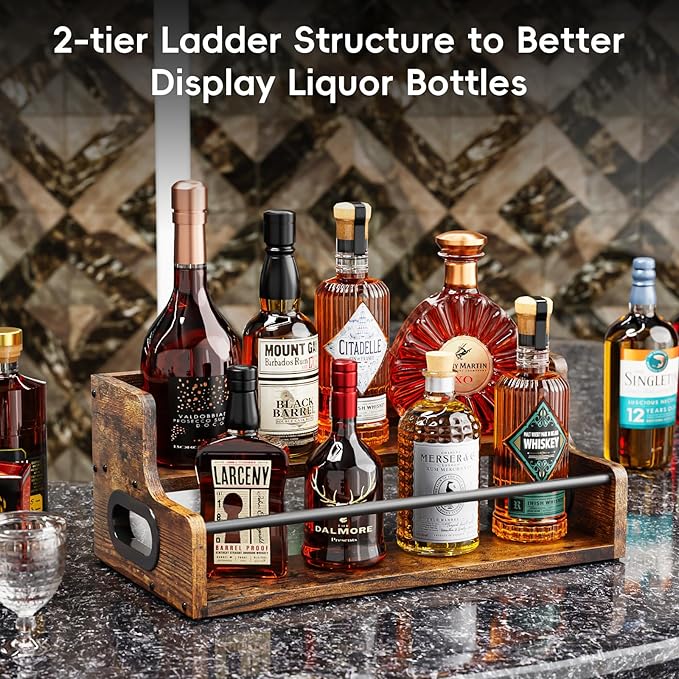 KLM Liquor Bottle Display Shelf, Coffee Syrup Rack Organizer, 2 Step Countertop Liquor Wine Rack, mini bar,Liquor Cabinet, Home Retro Bar Shelf Stand for Liquor Whiskey, Spirits, Brown