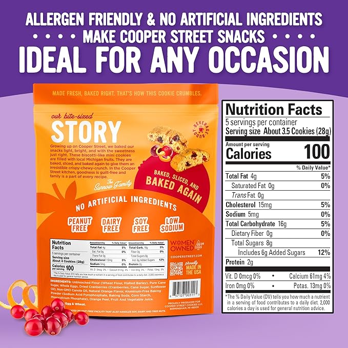 Cooper Street Twice Baked Orange Cranberry Biscotti Cookies - Crispy Mini Biscotti Cookies Ideal with Coffee - Traditional Low Calorie Italian Snacks - Kosher, Dairy, Peanut & Soy Free (6 Pack)