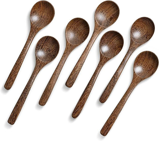7 PCS Wooden Spoons for Eating, 7 inch Wooden Honey Spoons for Tea, Wood Teaspoons for Stirring Coffee, Padauk Wood Table Spoon for Cooking, Small Serving Spoon for Soup, Desserts & Cereal