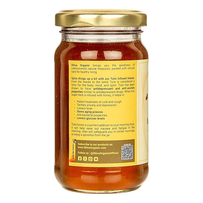 Shiva Organic Tulsi (Holy Basil) Infused Honey - 100% Natural and Pure Organic Honey - GMP Certified, 8.81 Ounces (250g))