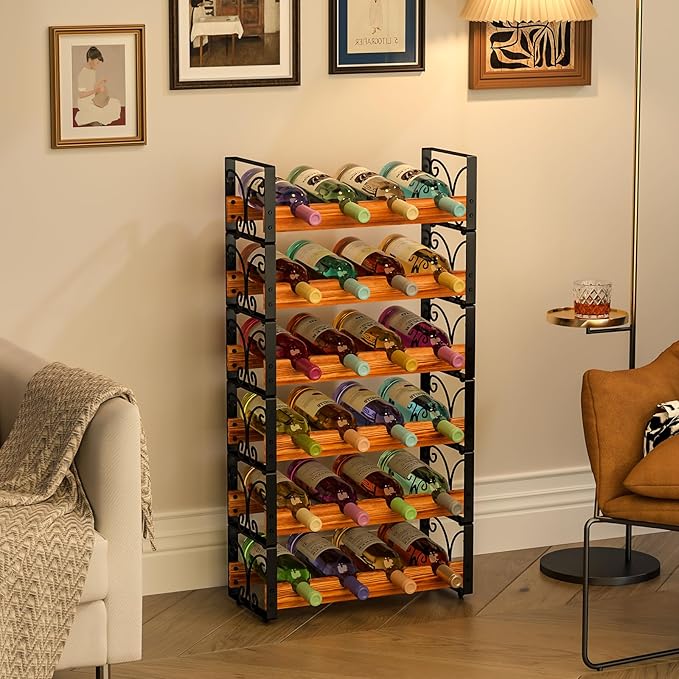 X-cosrack Wine Racks Free Standing Floor, 6-Tier 24 Bottles Wine Rack for Cabinet, Wood & Metal Wine Stackable Rack, Wine Bottle Holder for Wine Cellar, Wine Storage for Home Bar & Kitchen
