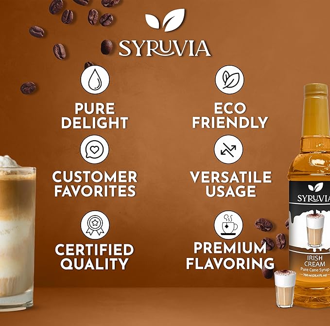 Syruvia Coffee Syrup, Irish Cream Flavored Syrup for Drinks, Lattes, and Desserts – 25.4 fl oz