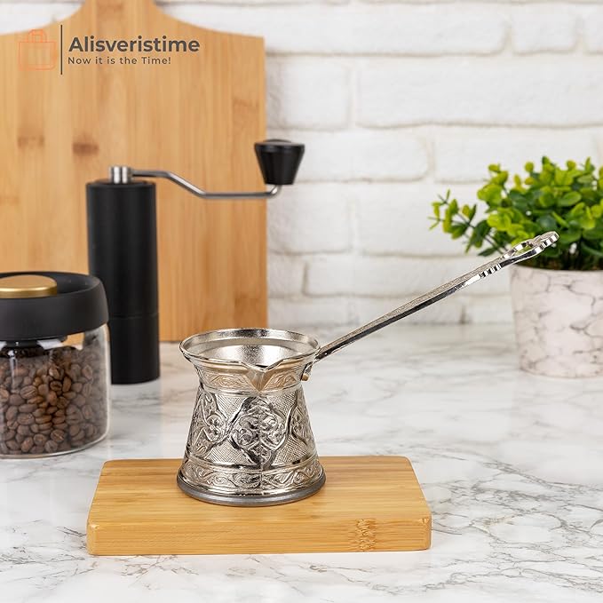 Alisveristime Authentic Turkish Coffee Pot, Handmade Cezve/Ibrik, 2.95-Inch Width, 2.95-Inch Height - 10.14 Ounce Enhance Your Coffee Experience Now! (3 Cup) (Silver)