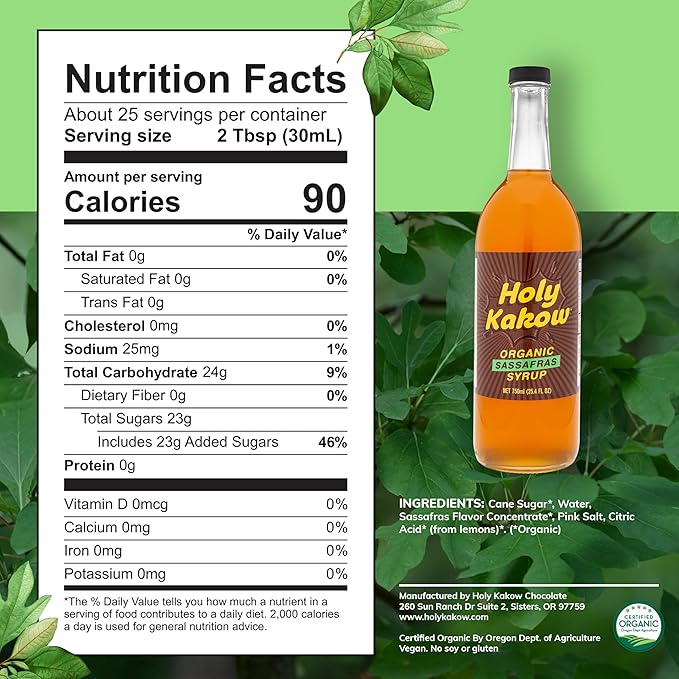 Holy Kakow Organic Sassafras Syrup - Natural Coffee Syrup, Liquid Sugar Coffee Flavoring Syrup, Cane Sugar Syrup, Liquid Sugar for Iced Coffee, Sasssafras Syrup for Coffee, Cocktails, Non-GMO - 750 ml